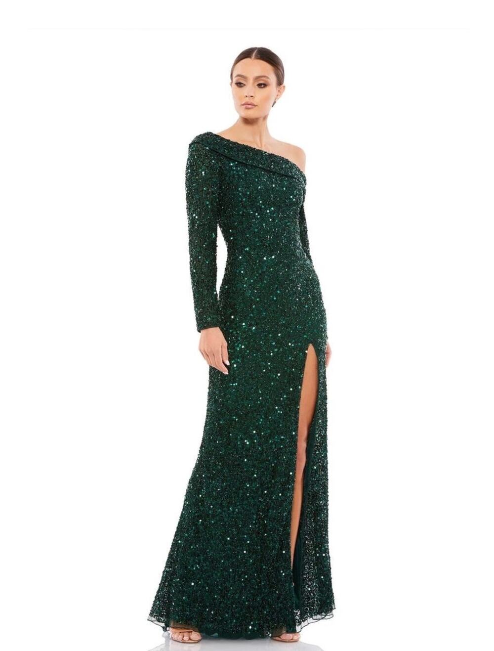 Mac Duggal Sequined Drop Shoulder Long Sleeve Gown Emerald Green Size 10